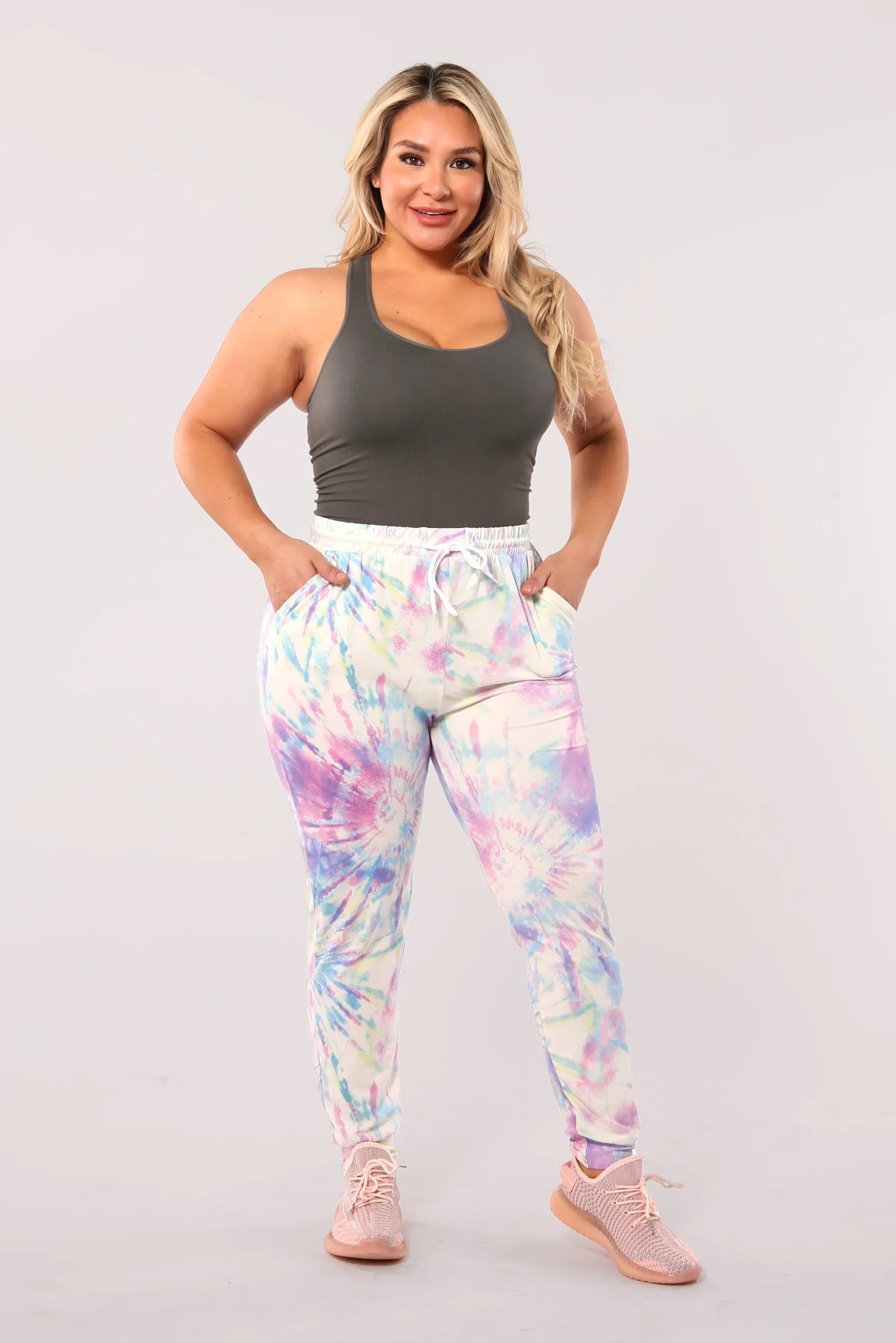 Plus Size Soft Brushed Joggers With Shoe Lace Tie - White, Pink, Blue Tie Dye