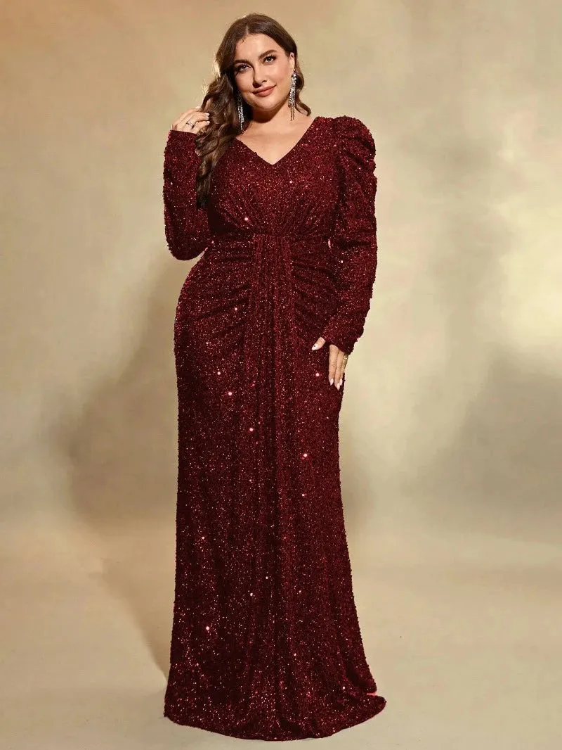 Long-Sleeve Plus Size V-Neck Sequined Evening Dress for Women