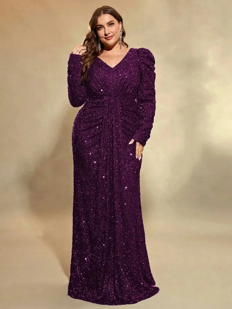 Long-Sleeve Plus Size V-Neck Sequined Evening Dress for Women