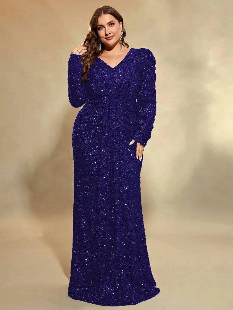 Long-Sleeve Plus Size V-Neck Sequined Evening Dress for Women