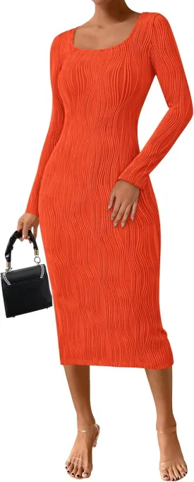 PRETTYGARDEN Womens Fall Dresses 2025 Long Sleeve Square Neck Knit Midi Beach Vacation Clothes Slit Bodycon Long Dress