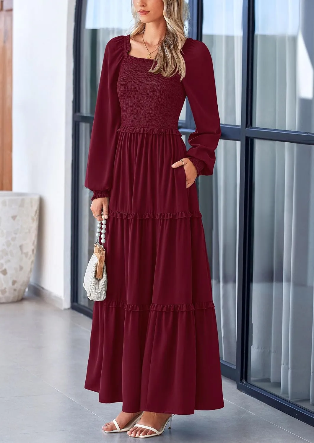 PRETTYGARDEN Women's Smocked Spring Maxi Dress Casual Fall Long Sleeve Square Neck Tiered A Line Flowy Dresses with Pockets