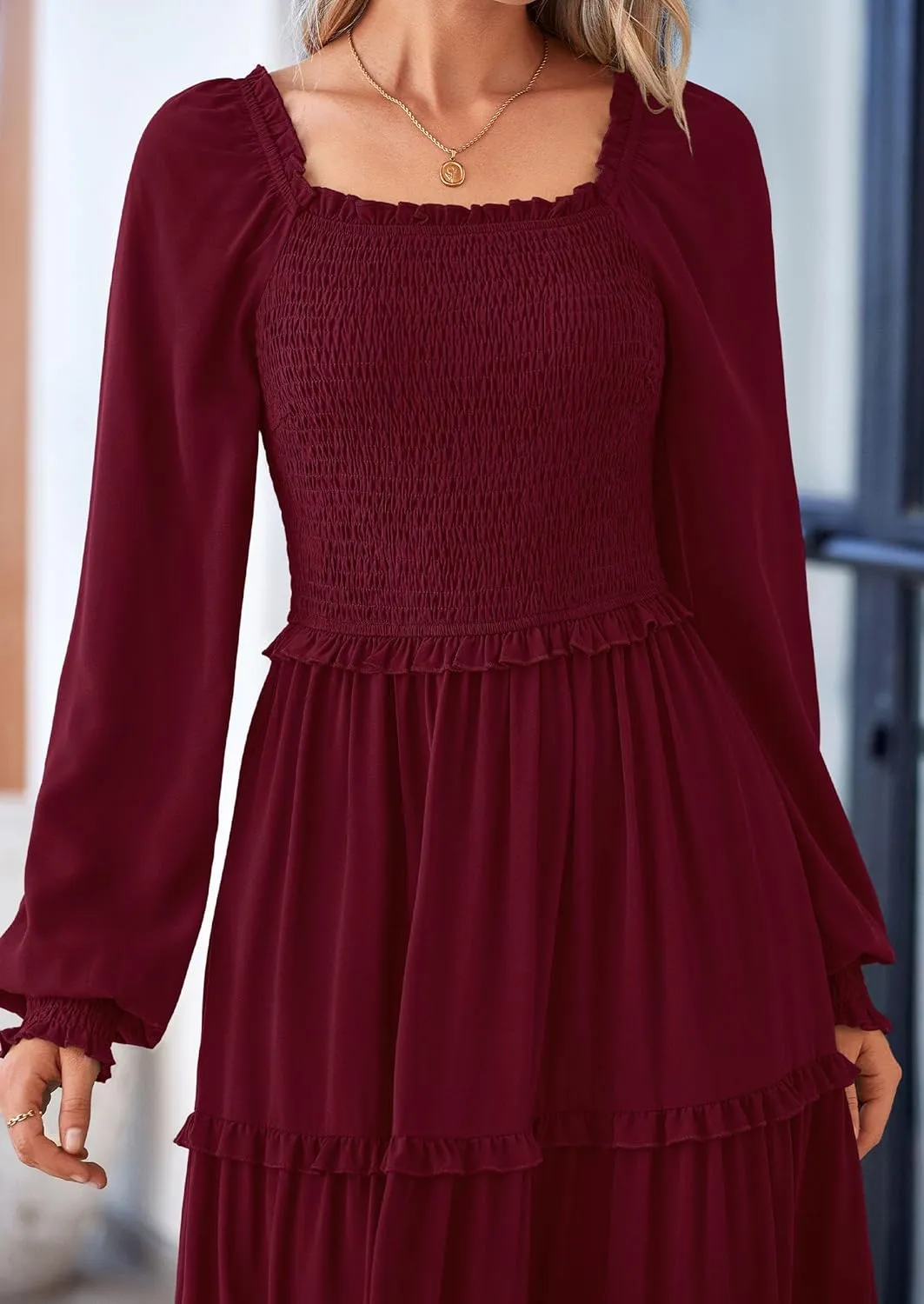 PRETTYGARDEN Women's Smocked Spring Maxi Dress Casual Fall Long Sleeve Square Neck Tiered A Line Flowy Dresses with Pockets