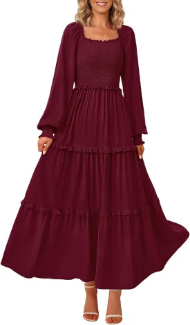 PRETTYGARDEN Women's Smocked Spring Maxi Dress Casual Fall Long Sleeve Square Neck Tiered A Line Flowy Dresses with Pockets