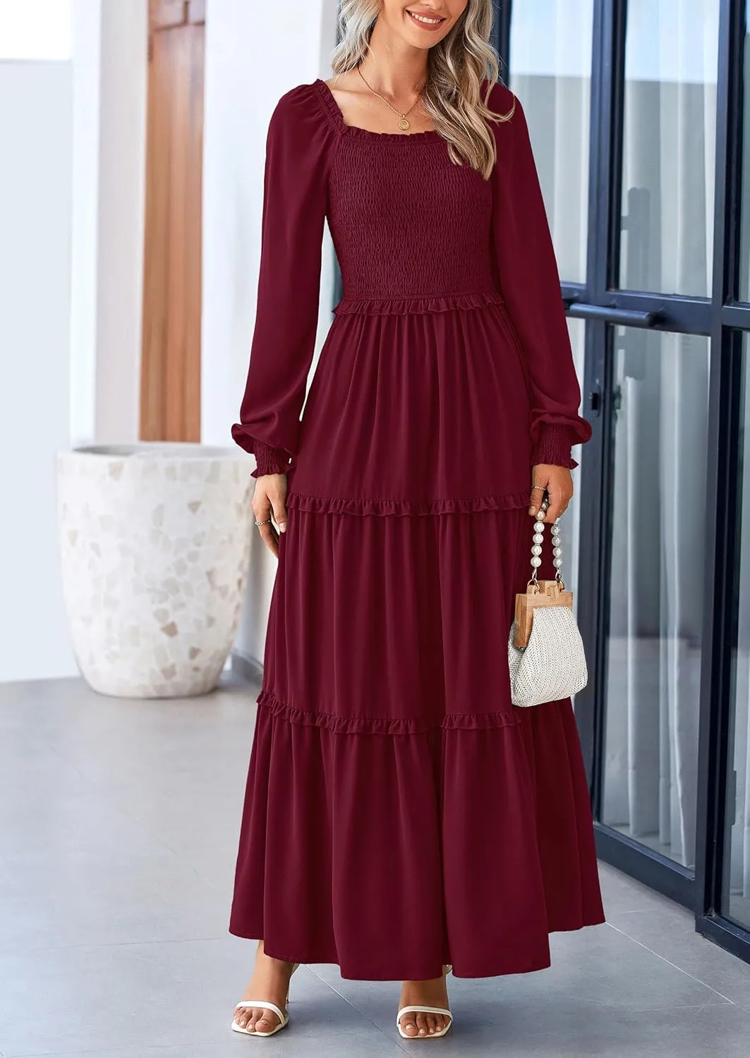 PRETTYGARDEN Women's Smocked Spring Maxi Dress Casual Fall Long Sleeve Square Neck Tiered A Line Flowy Dresses with Pockets
