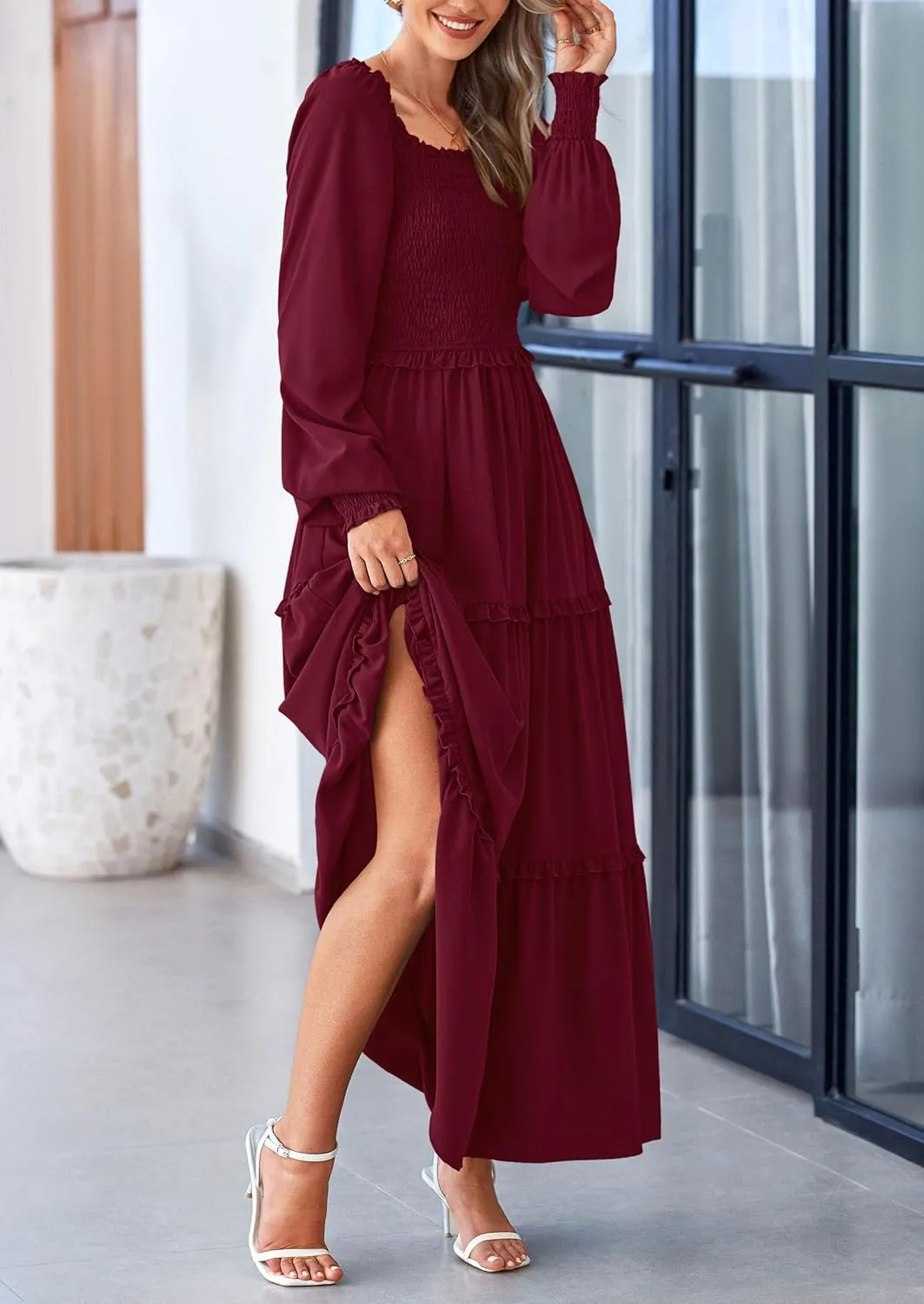 PRETTYGARDEN Women's Smocked Spring Maxi Dress Casual Fall Long Sleeve Square Neck Tiered A Line Flowy Dresses with Pockets