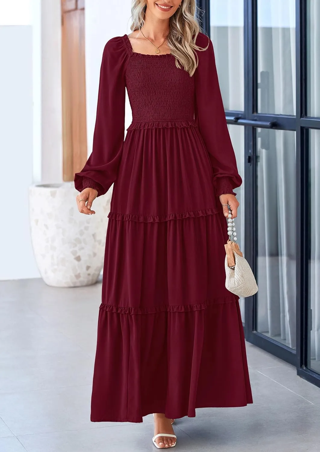 PRETTYGARDEN Women's Smocked Spring Maxi Dress Casual Fall Long Sleeve Square Neck Tiered A Line Flowy Dresses with Pockets