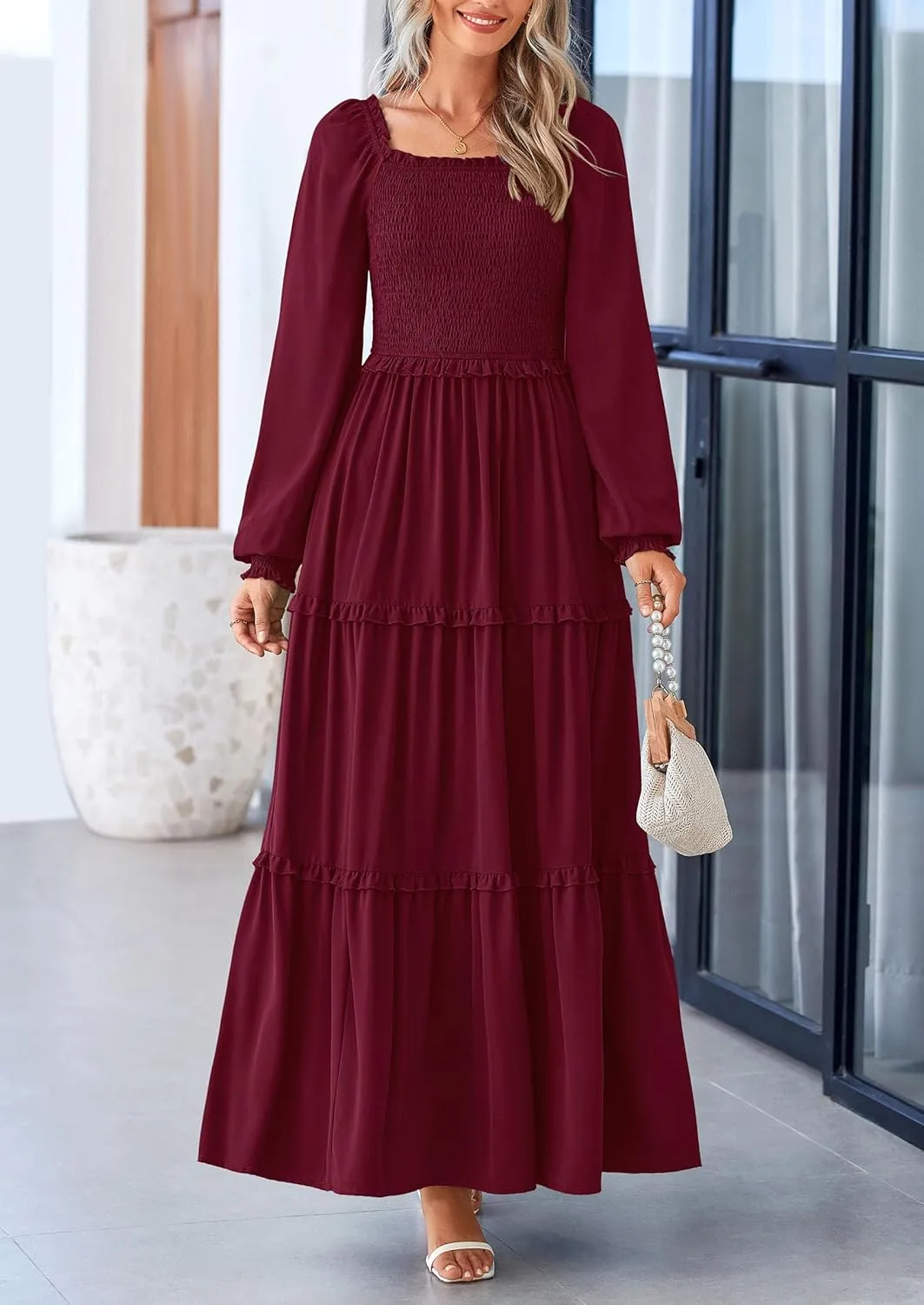 PRETTYGARDEN Women's Smocked Spring Maxi Dress Casual Fall Long Sleeve Square Neck Tiered A Line Flowy Dresses with Pockets