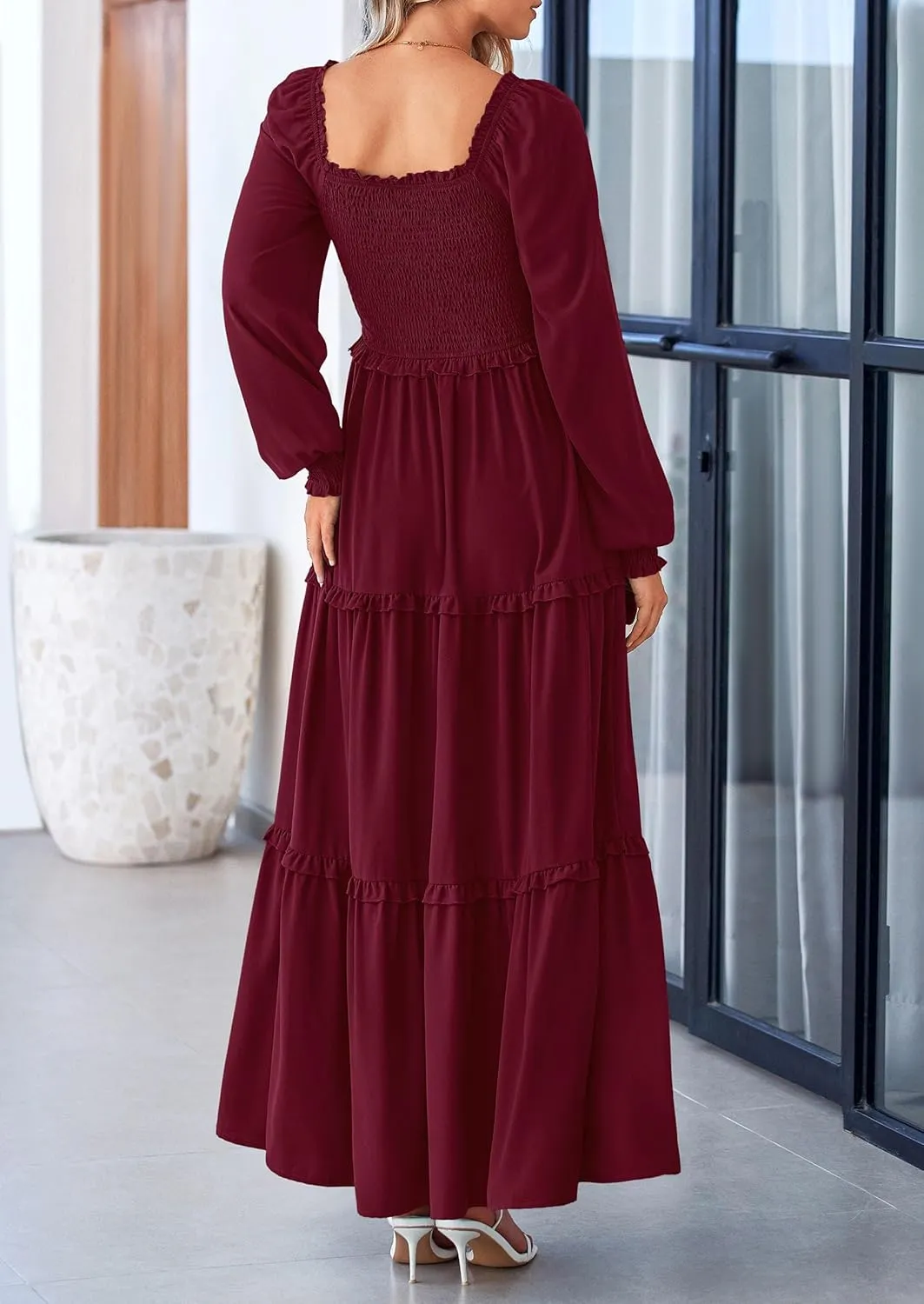 PRETTYGARDEN Women's Smocked Spring Maxi Dress Casual Fall Long Sleeve Square Neck Tiered A Line Flowy Dresses with Pockets