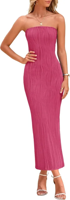 PRETTYGARDEN Womens Summer Maxi Dress Textured Bodycon Tube Off Shoulder Strapless Back Slit Long Party Dresses
