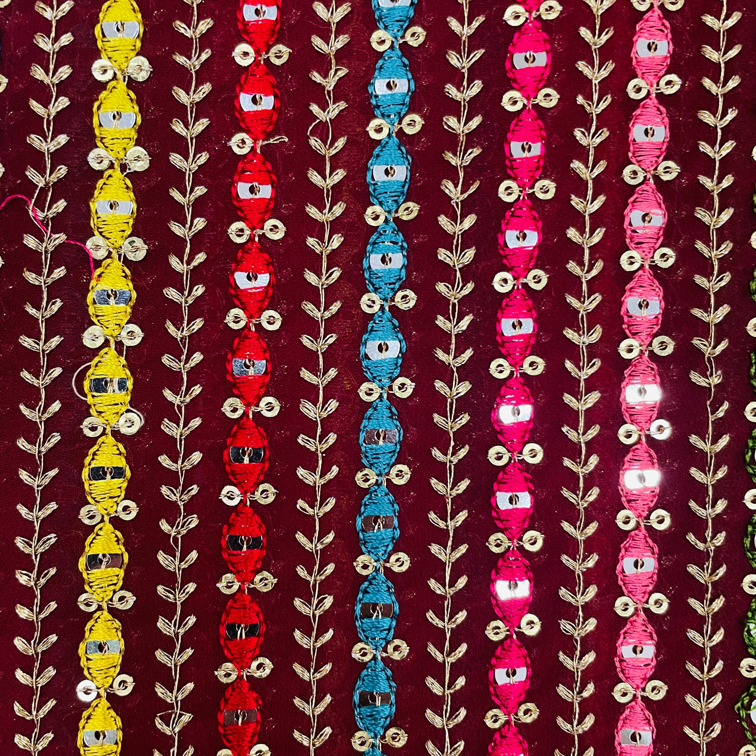 Red With Multicolor Stripe Sequins Thread Embroidery Georgette Fabric