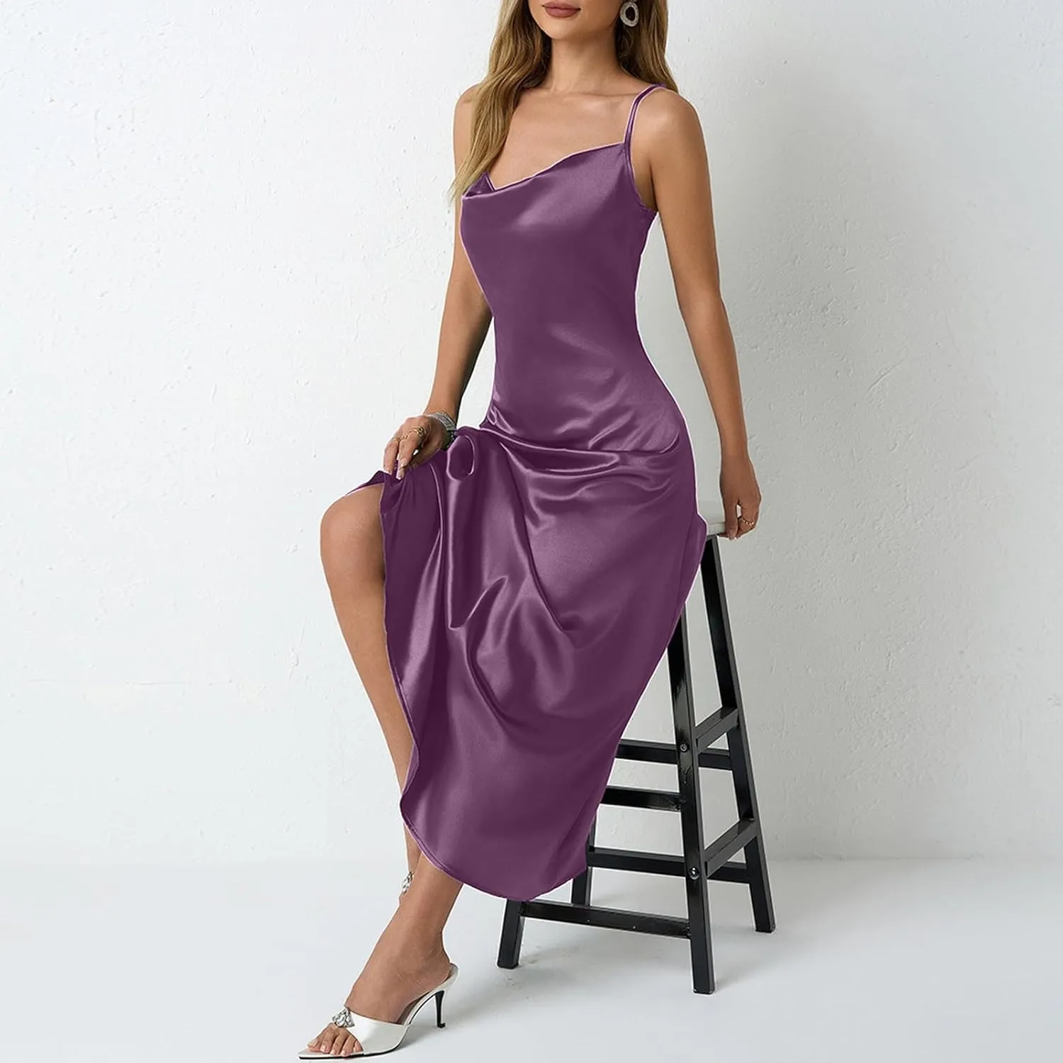Satin Cocktail Dresses for Women 2025 Long Maxi Coctail Slip Dress Sleeveless Cowl Neck Adjustable Spaghetti Strap Dress