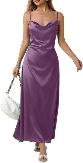 Satin Cocktail Dresses for Women 2025 Long Maxi Coctail Slip Dress Sleeveless Cowl Neck Adjustable Spaghetti Strap Dress