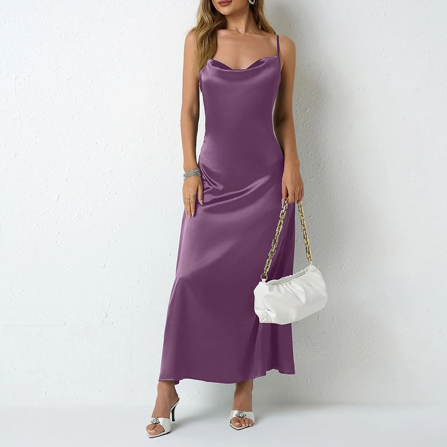 Satin Cocktail Dresses for Women 2025 Long Maxi Coctail Slip Dress Sleeveless Cowl Neck Adjustable Spaghetti Strap Dress