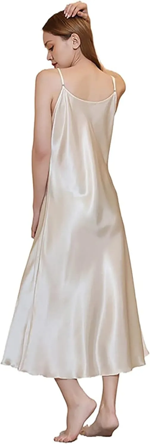 Satin Nightgown for Women Silk Slip Dress Sleepwear Sexy V Neck Negligee Lingerie Long Nightwear