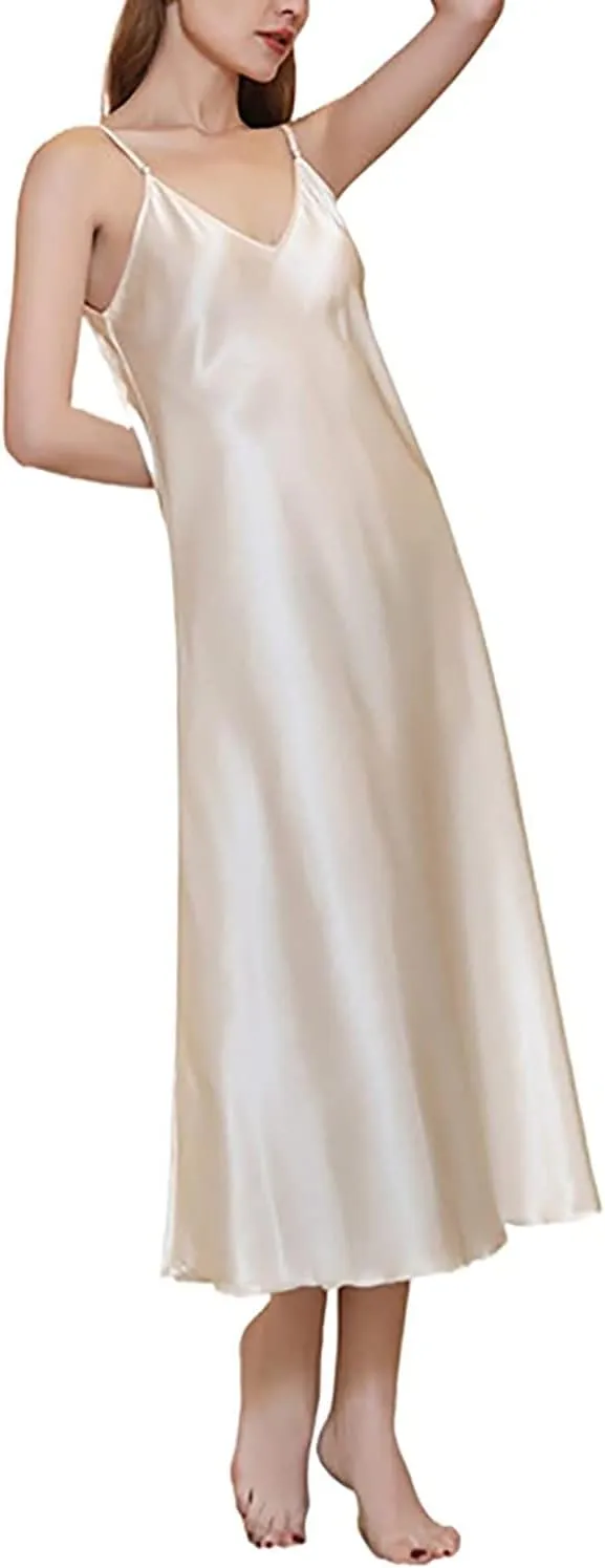 Satin Nightgown for Women Silk Slip Dress Sleepwear Sexy V Neck Negligee Lingerie Long Nightwear