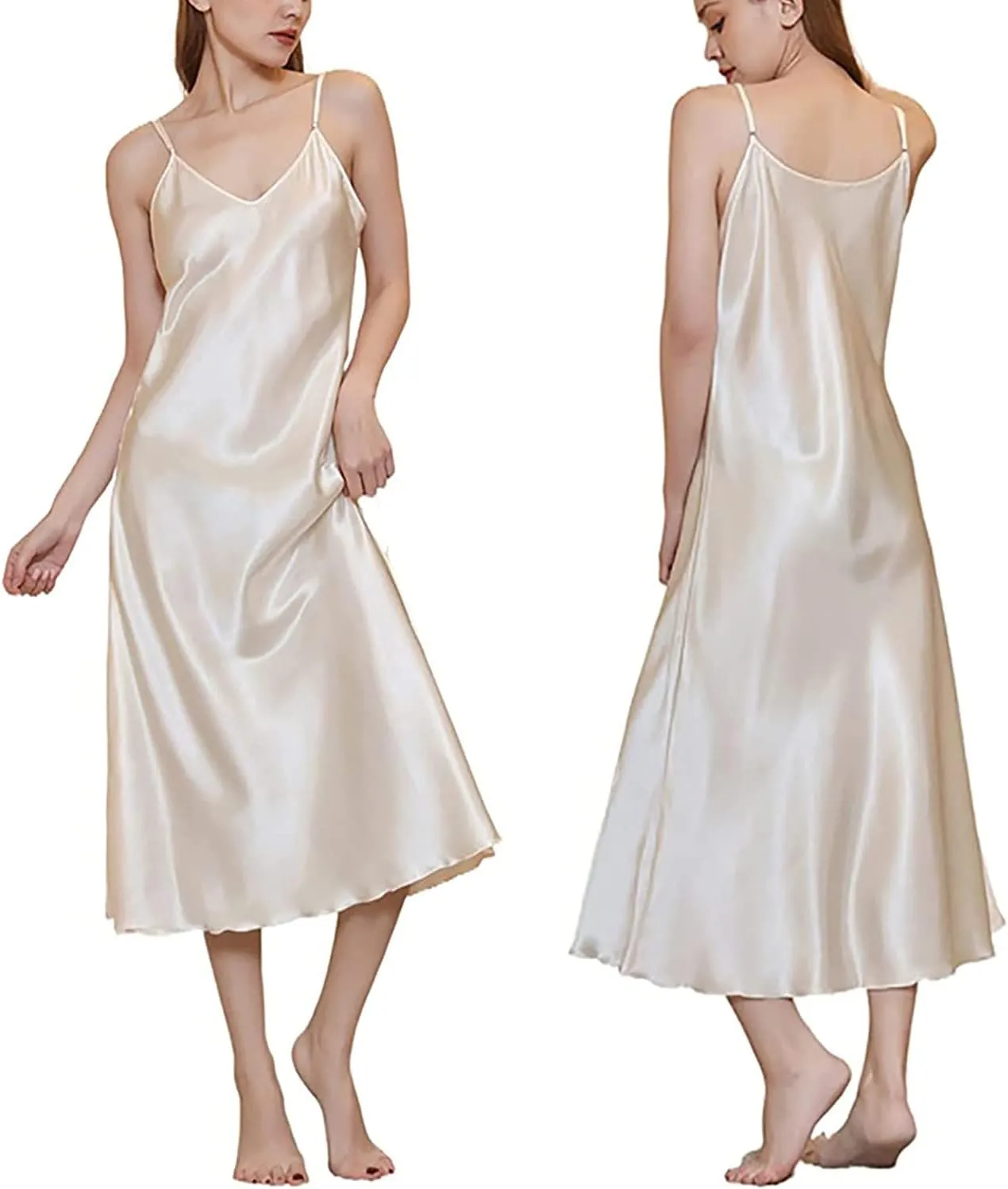Satin Nightgown for Women Silk Slip Dress Sleepwear Sexy V Neck Negligee Lingerie Long Nightwear