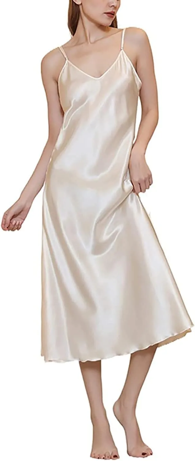 Satin Nightgown for Women Silk Slip Dress Sleepwear Sexy V Neck Negligee Lingerie Long Nightwear