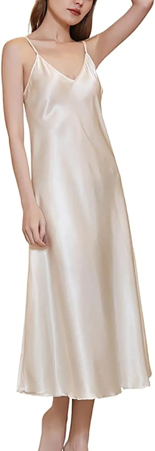 Satin Nightgown for Women Silk Slip Dress Sleepwear Sexy V Neck Negligee Lingerie Long Nightwear