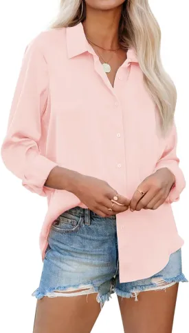 siliteelon Womens Button Down Shirts Solid Dress Shirts Long Sleeve Flowy Collared Work Office Business Blouses Chiffon Tops