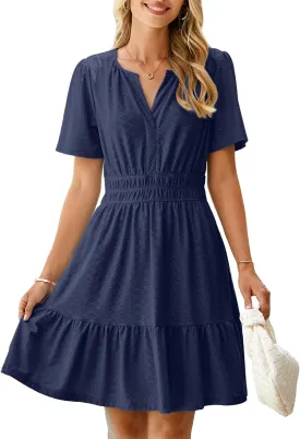 Simplee Womens 2025 Summer Mini Dress Eyelet Short Sleeve Cocktail Short Dresses Cute A Line Sun Dress with Pockets