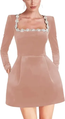 Square Neck Long Sleeve Short Wedding Dresses for Brides Velvet Beaded Mini Prom Bridal Shower Gown Party Dress
