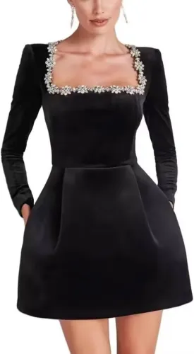 Square Neck Long Sleeve Short Wedding Dresses for Brides Velvet Beaded Mini Prom Bridal Shower Gown Party Dress