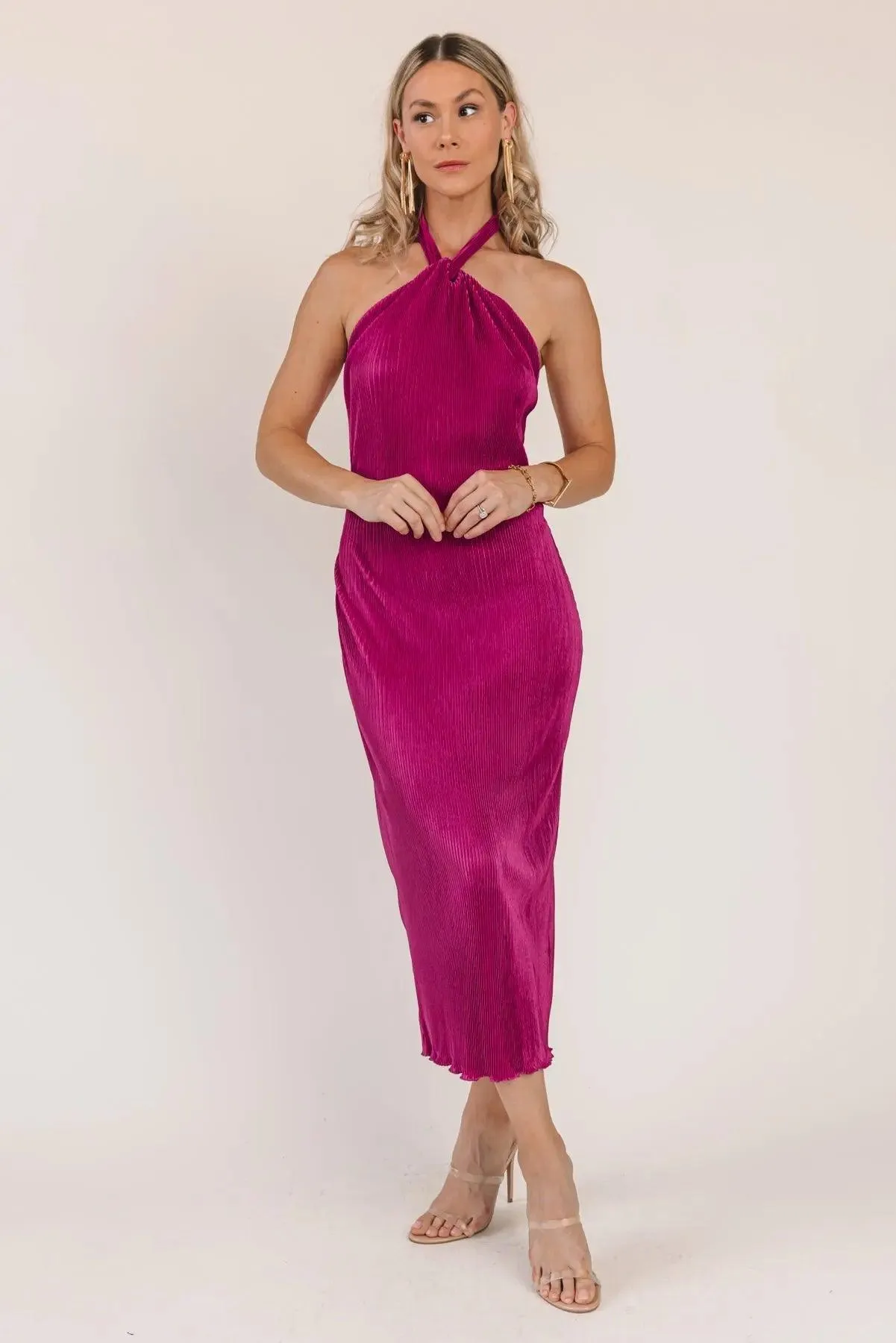 Sunset Secret Magenta Halter Midi Dress