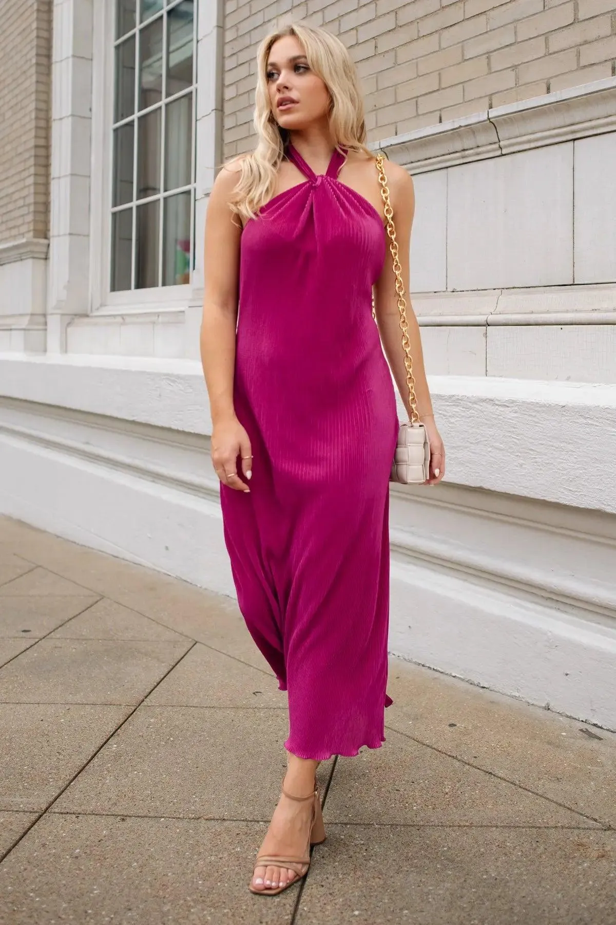 Sunset Secret Magenta Halter Midi Dress