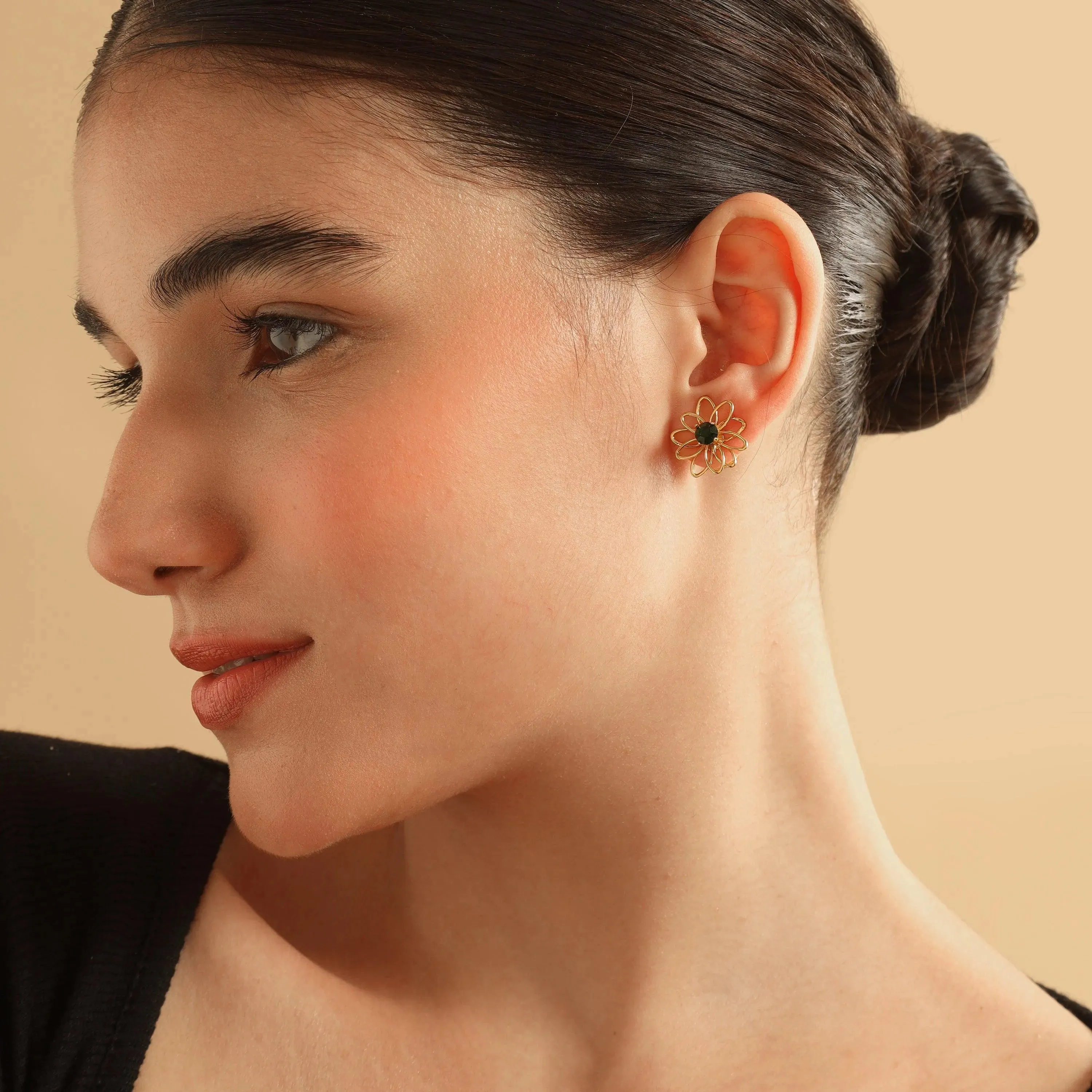 TFC Cute Floral Emerald Mini Gold Plated Stud Earrings
