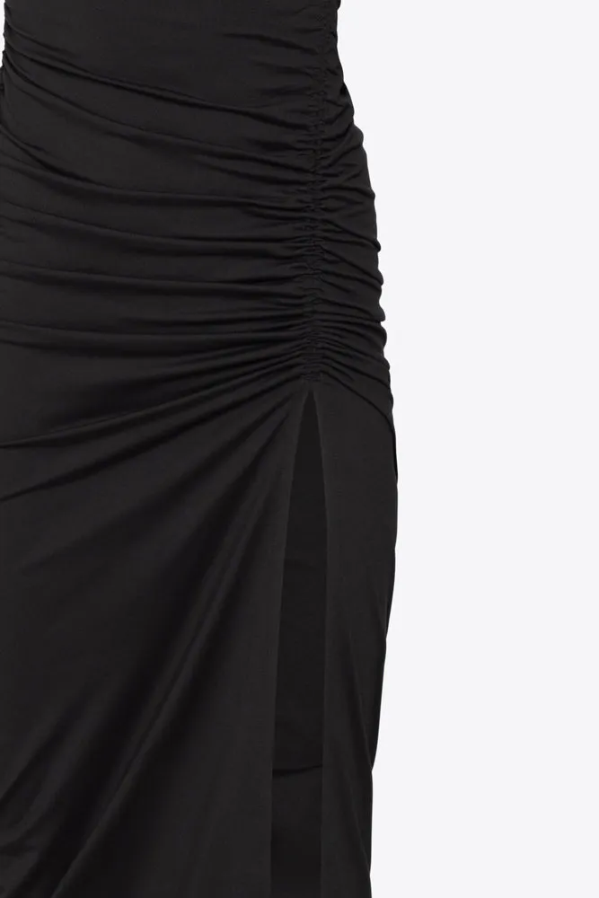 Thin Strapped Ruched Slit Dress - Black