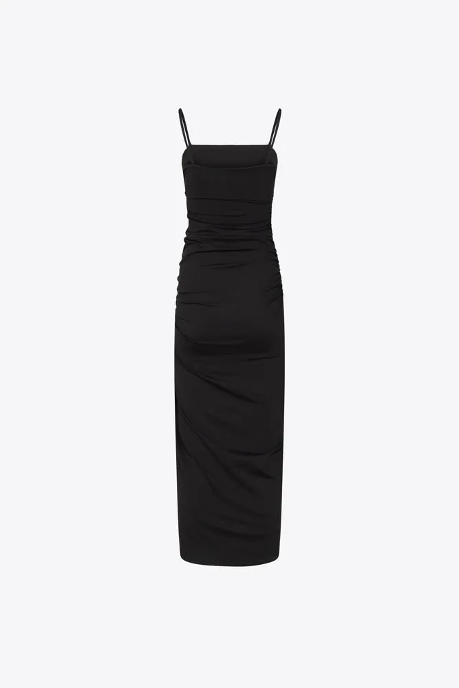 Thin Strapped Ruched Slit Dress - Black