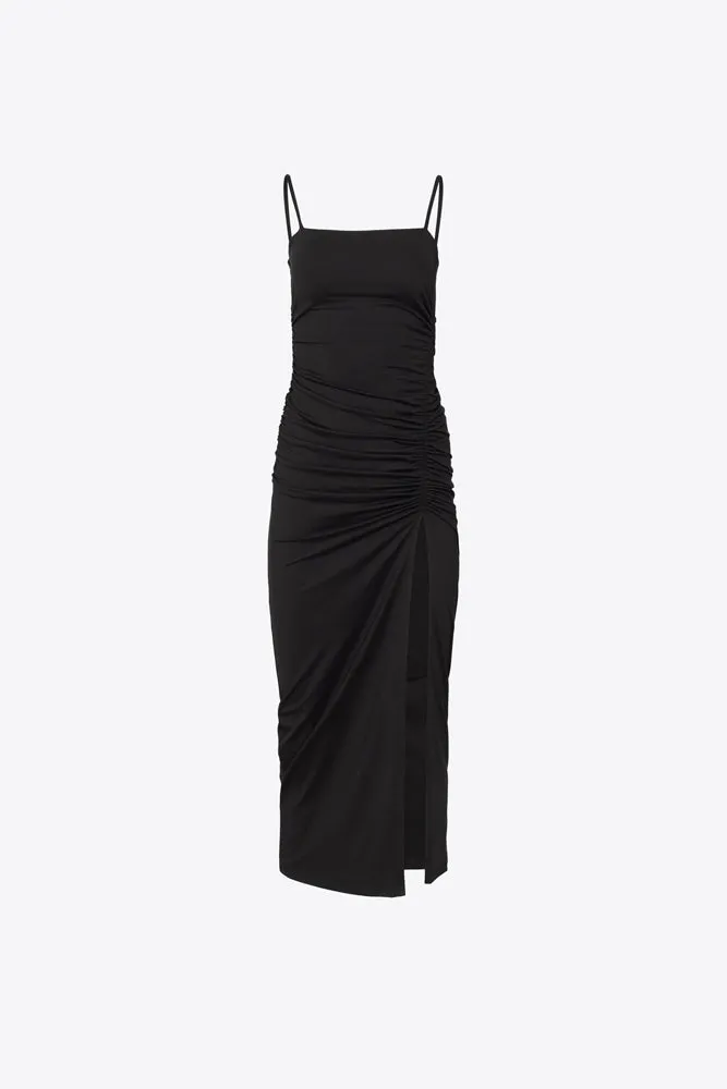 Thin Strapped Ruched Slit Dress - Black