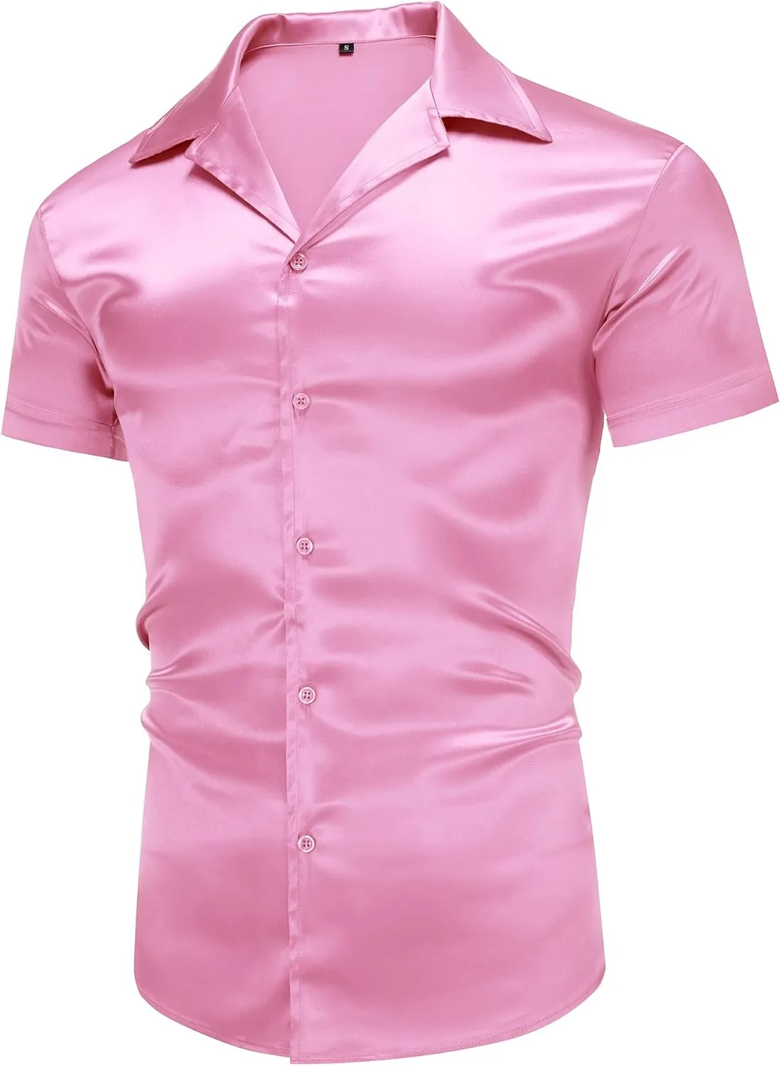 URRU Men's Luxury Shiny Silk Like Satin Dress Shirt Cuban Collar Short Sleeve Casual Slim Fit Muscle Button Up Shirts