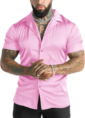 URRU Men's Luxury Shiny Silk Like Satin Dress Shirt Cuban Collar Short Sleeve Casual Slim Fit Muscle Button Up Shirts