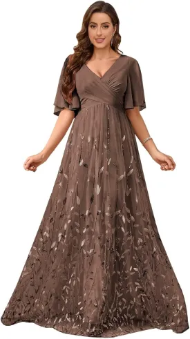 V Neck Mother of The Bride Dresses with Sleeves Floral Sequin Formal Dress Empire Waist Wedding Guest Dress