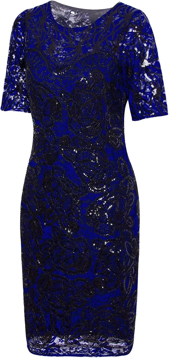 Vijiv Vintage 1920s Gatsby Sequin Beaded Lace Cocktail Party Flapper Dress with Sleeves