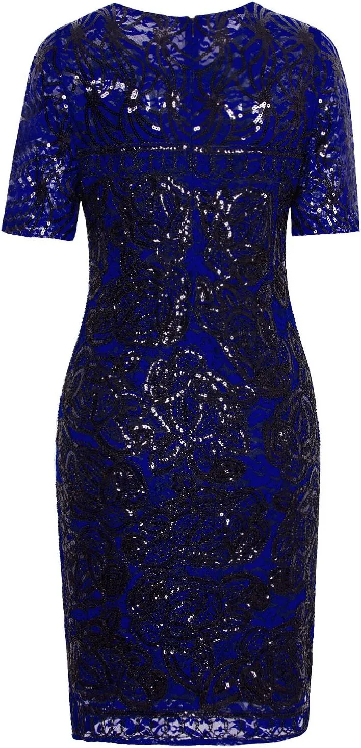 Vijiv Vintage 1920s Gatsby Sequin Beaded Lace Cocktail Party Flapper Dress with Sleeves