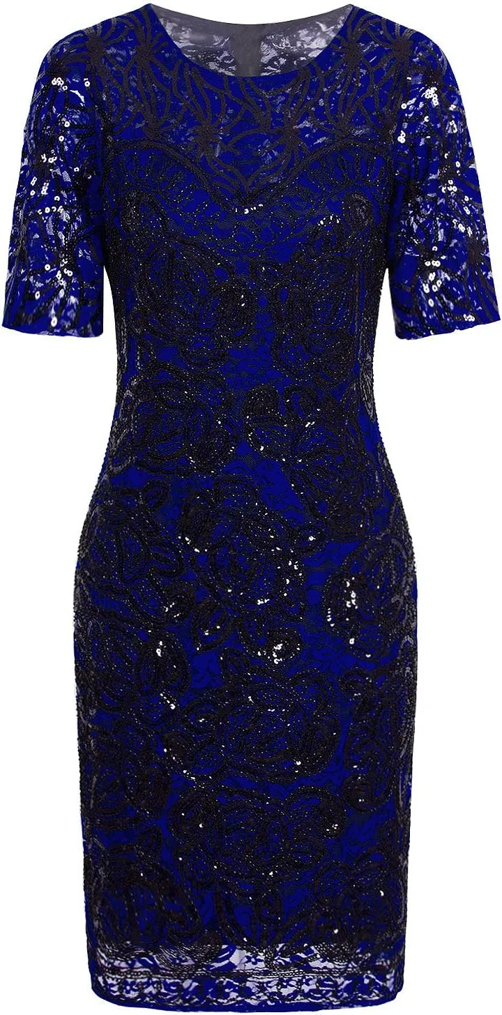 Vijiv Vintage 1920s Gatsby Sequin Beaded Lace Cocktail Party Flapper Dress with Sleeves