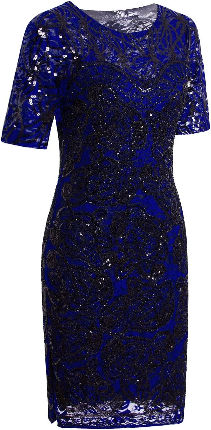 Vijiv Vintage 1920s Gatsby Sequin Beaded Lace Cocktail Party Flapper Dress with Sleeves