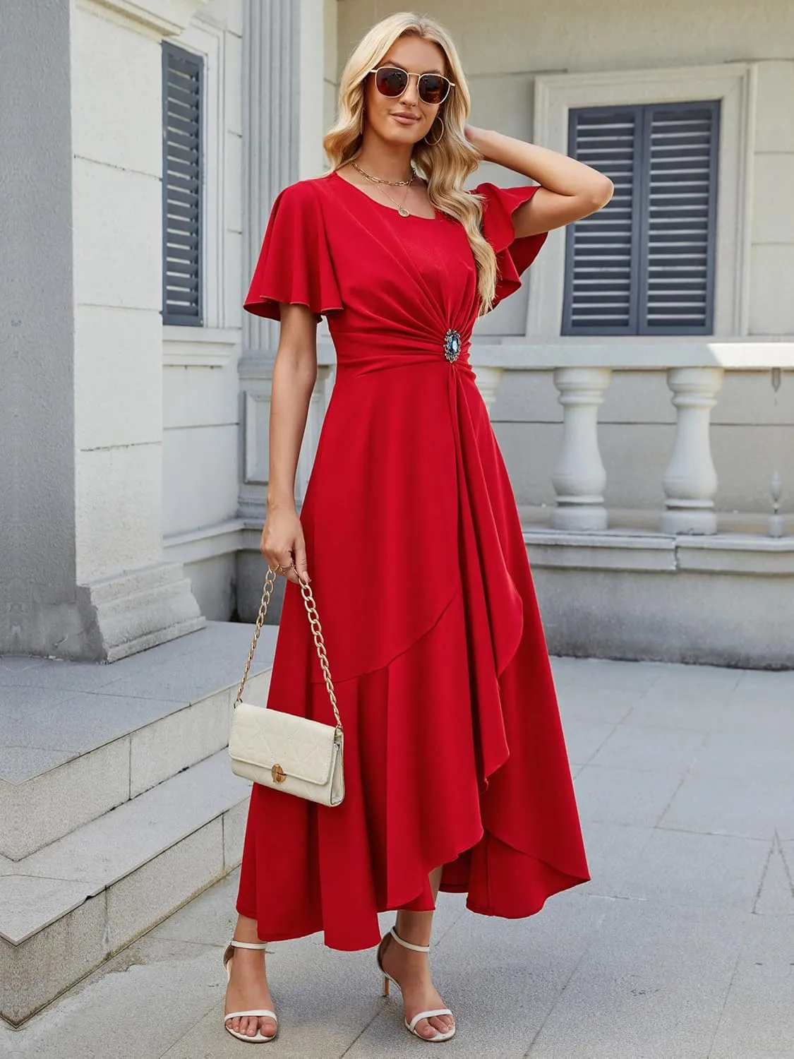 Wedding Guest Dresses for Women Have Pockets Cocktail Dress Ruffle Sleeve A Line Evening Party Formal Dresses for Women