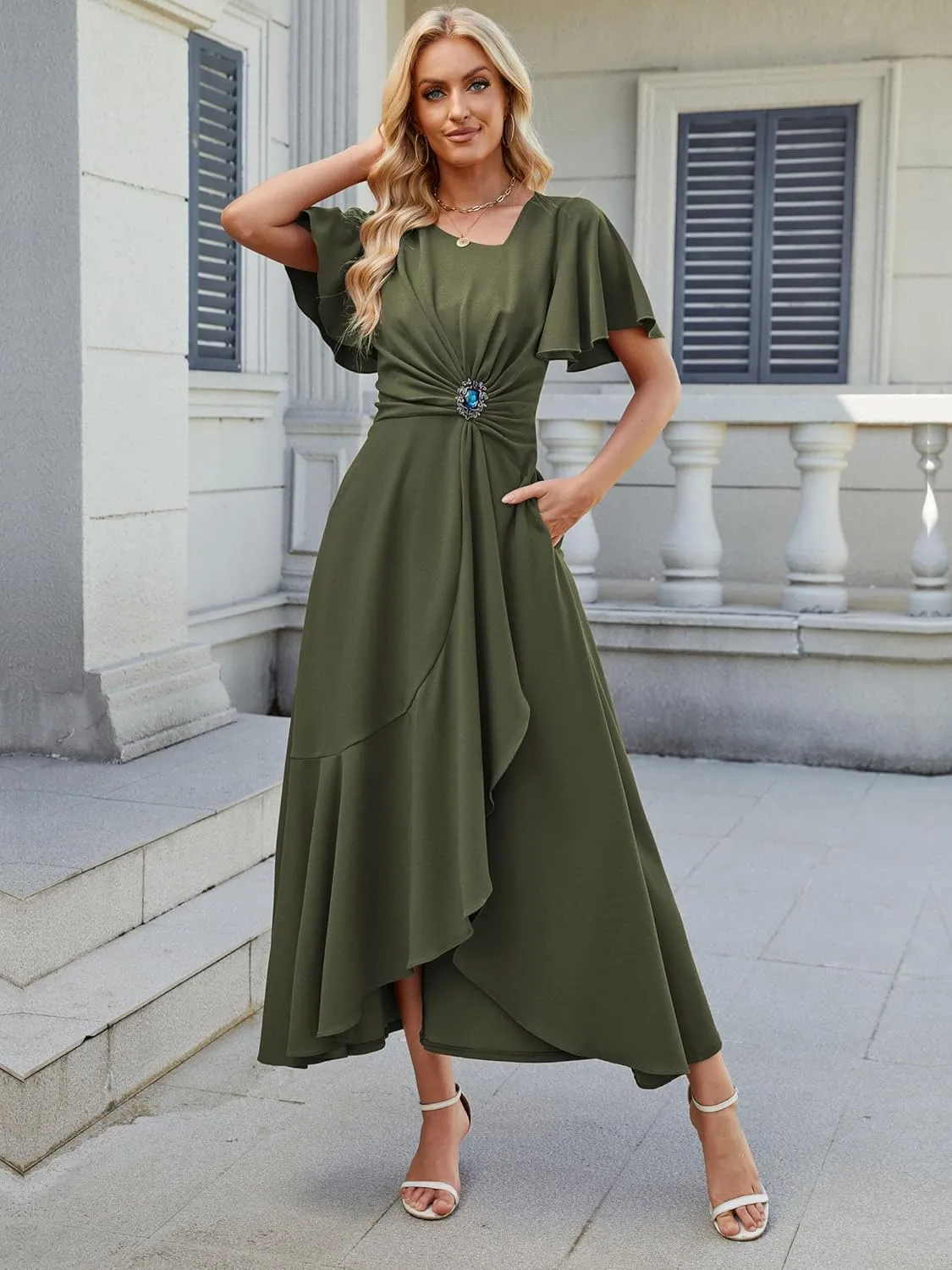 Wedding Guest Dresses for Women Have Pockets Cocktail Dress Ruffle Sleeve A Line Evening Party Formal Dresses for Women