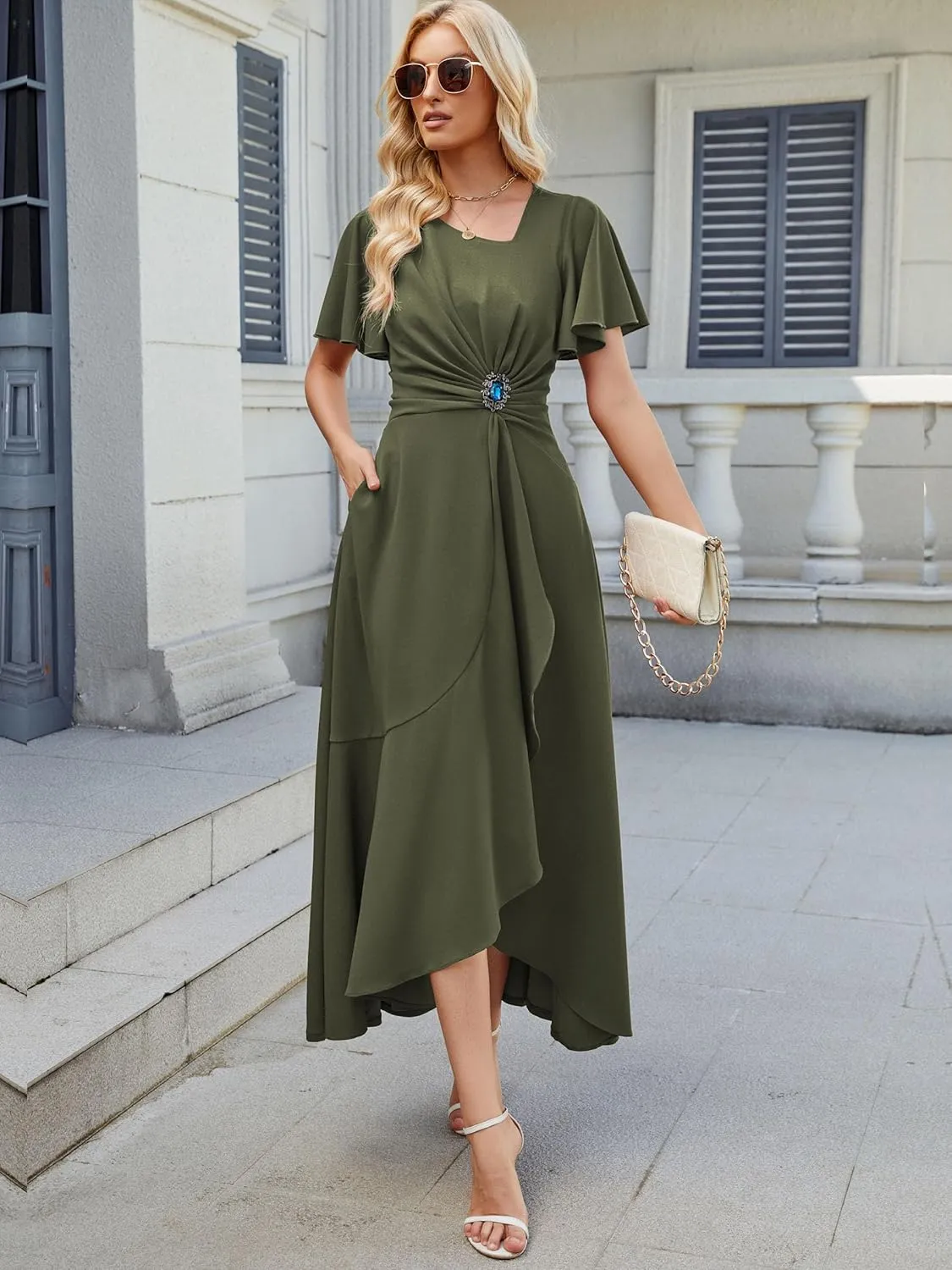 Wedding Guest Dresses for Women Have Pockets Cocktail Dress Ruffle Sleeve A Line Evening Party Formal Dresses for Women