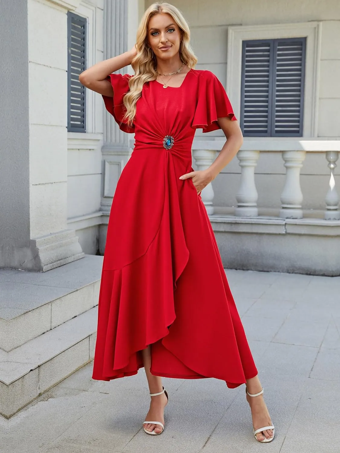 Wedding Guest Dresses for Women Have Pockets Cocktail Dress Ruffle Sleeve A Line Evening Party Formal Dresses for Women