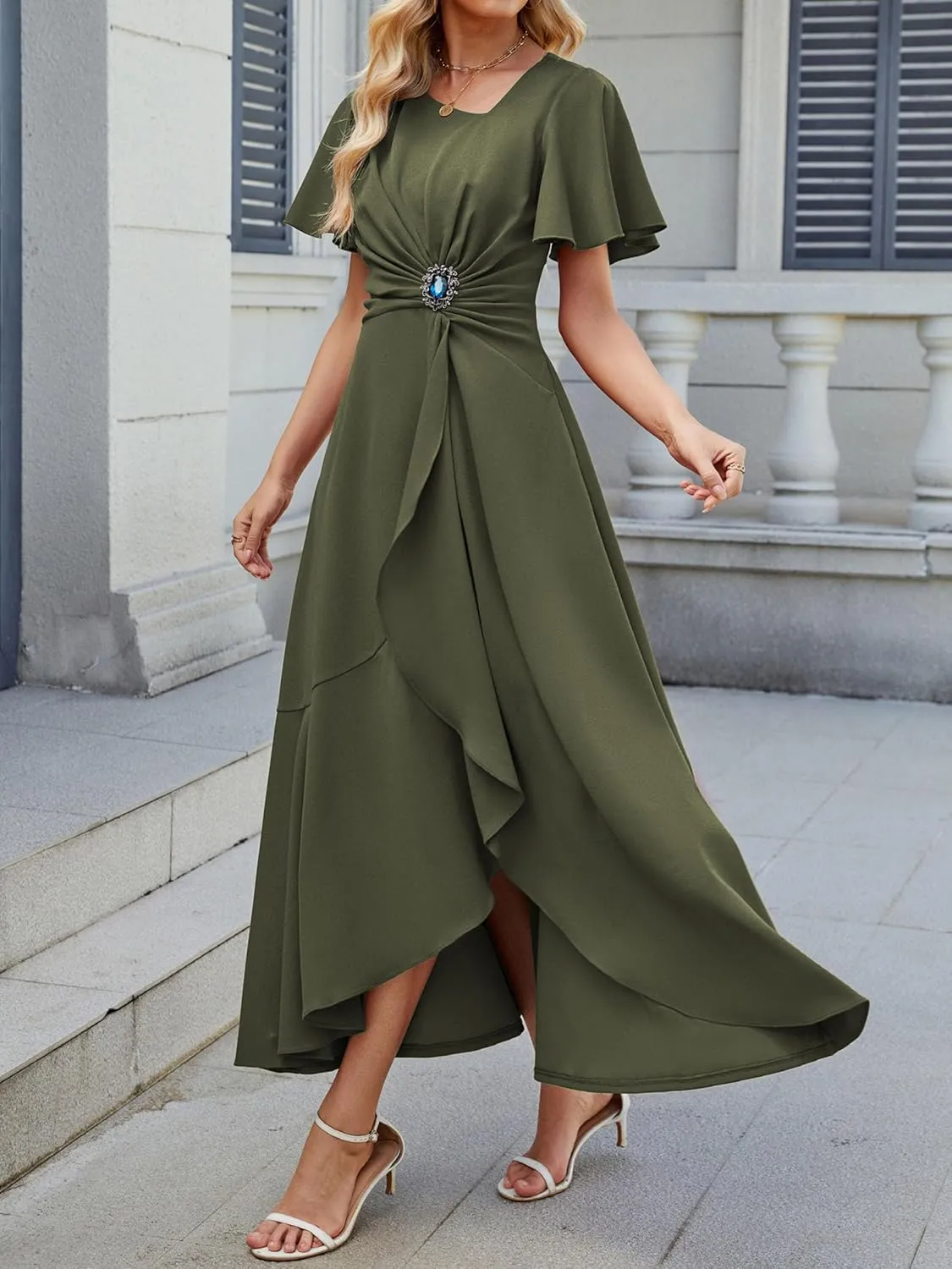 Wedding Guest Dresses for Women Have Pockets Cocktail Dress Ruffle Sleeve A Line Evening Party Formal Dresses for Women