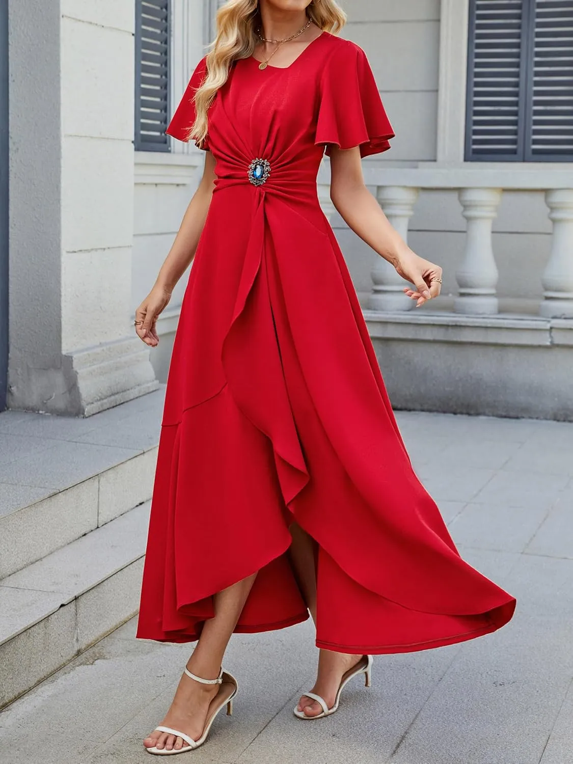 Wedding Guest Dresses for Women Have Pockets Cocktail Dress Ruffle Sleeve A Line Evening Party Formal Dresses for Women