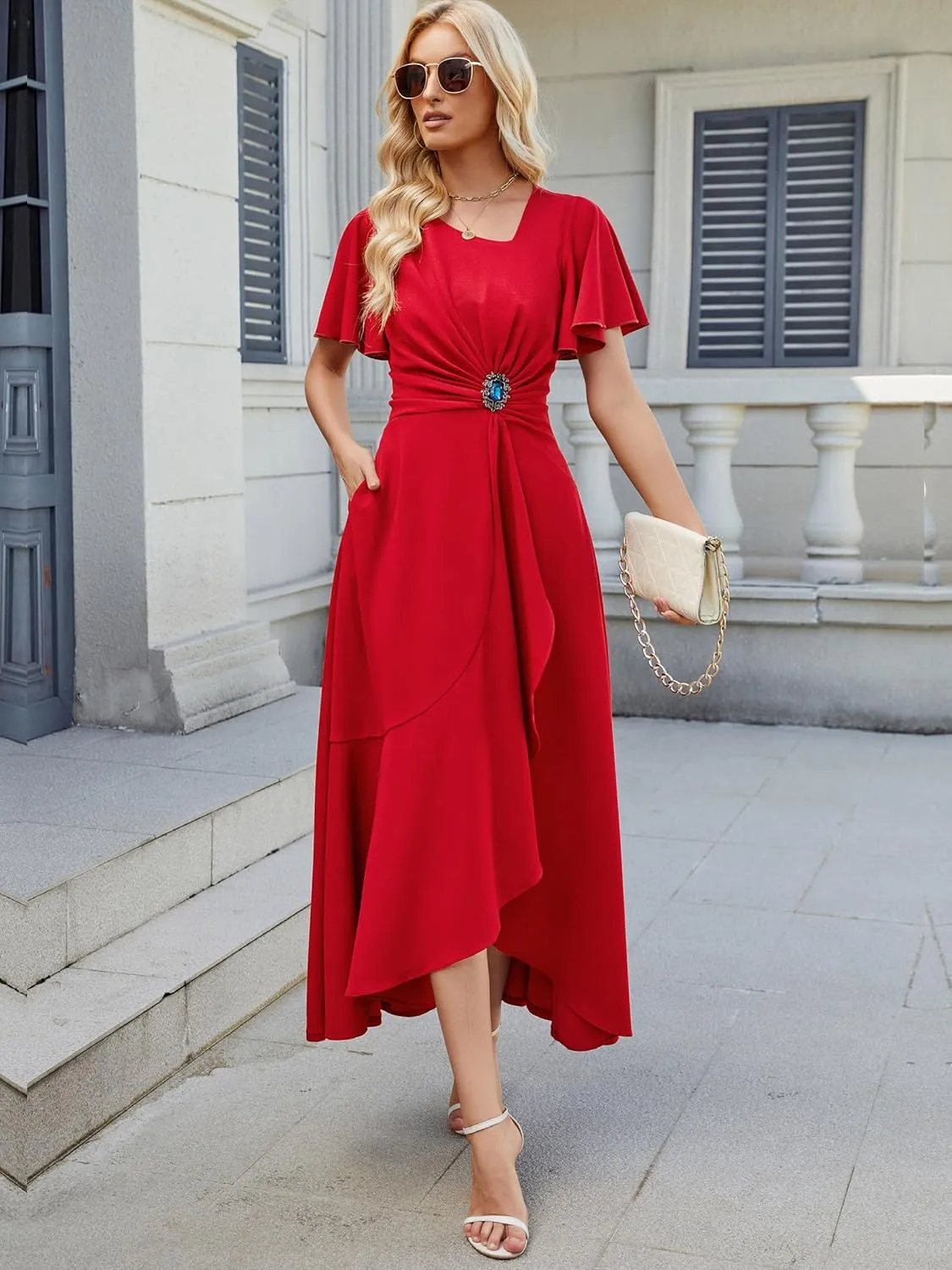Wedding Guest Dresses for Women Have Pockets Cocktail Dress Ruffle Sleeve A Line Evening Party Formal Dresses for Women