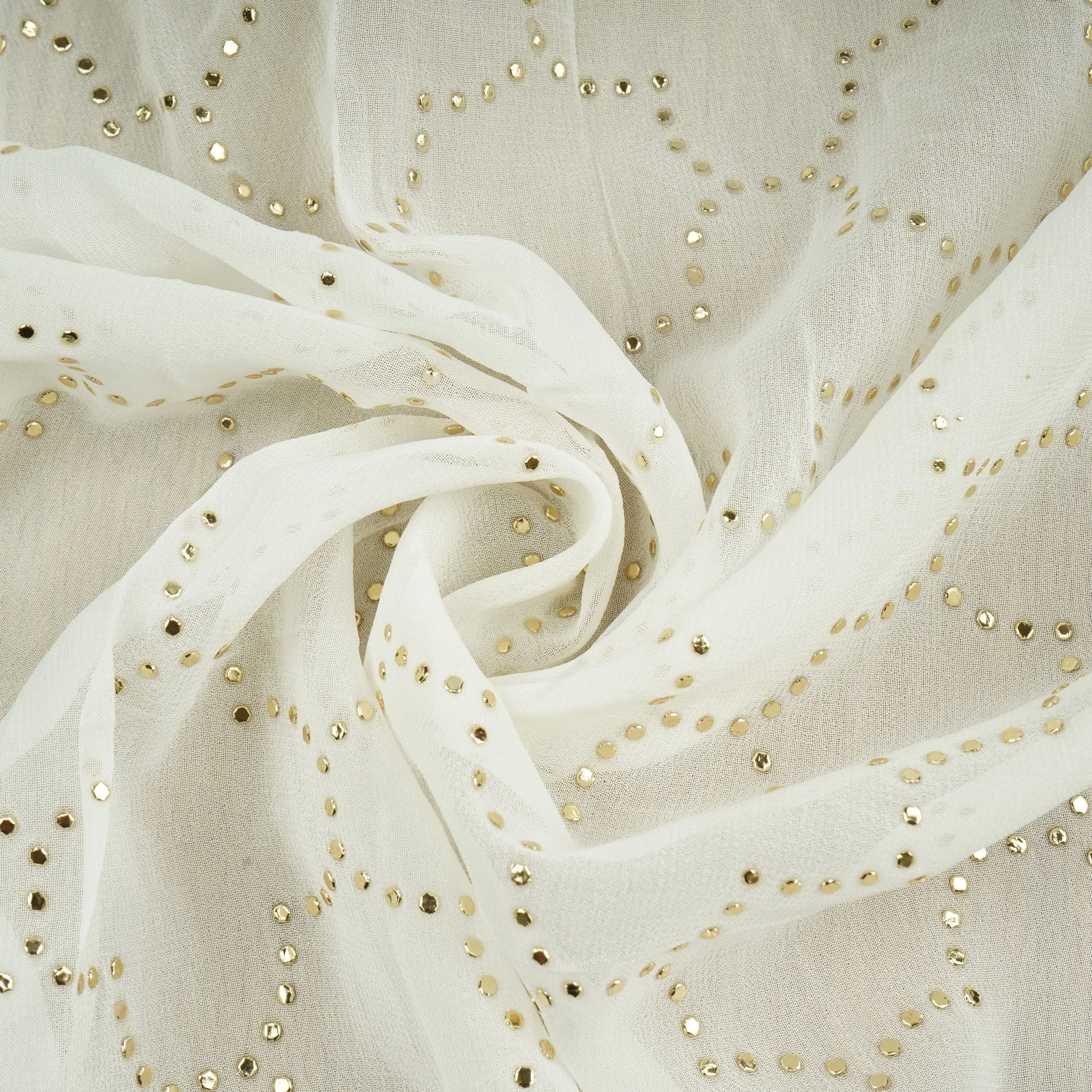 White Geometrical Mukaish Work Georgette Dyeable Fabric 20778