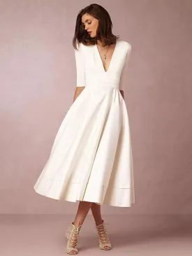 White V-neck Half Sleeves Evening Dresses