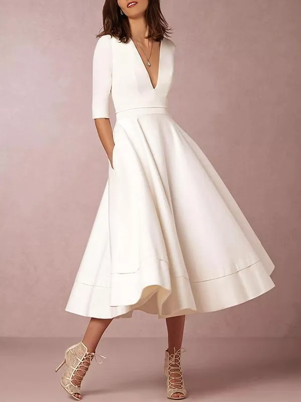 White V-neck Half Sleeves Evening Dresses